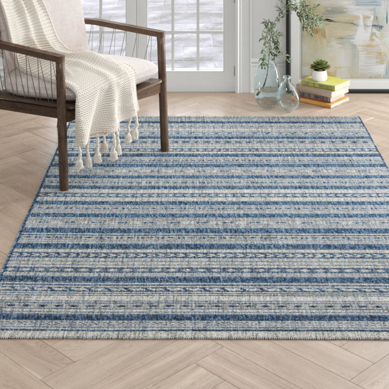 Tuscany Striped Denim Blue/Tan Indoor / Outdoor Area Rug Joss & Main